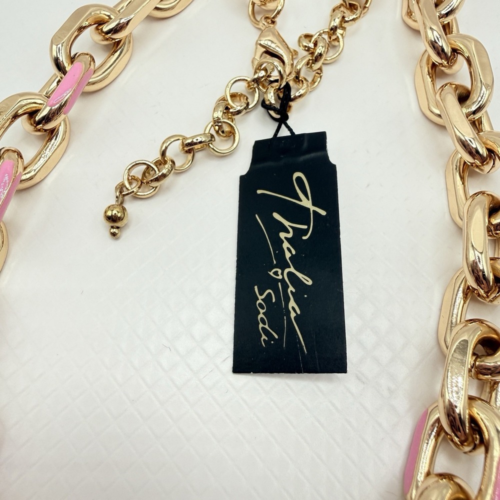 Thalia Sodi Chunky Gold Tone 19" Chain Statement Necklace w/ Pink Enamel - Picture 4 of 7